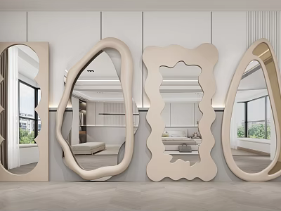 Modern Unique Shaped Mirrors Mounted On Wall Reflecting Interior Room Design 3d model