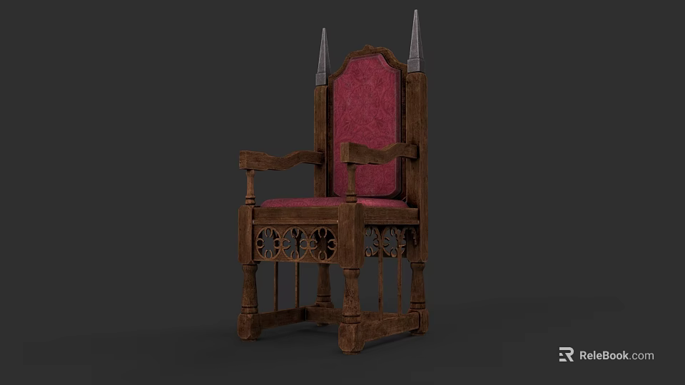 Wooden Armchair With Carved Patterns Red Upholstered Back And Spiked Top Finials 3d model 