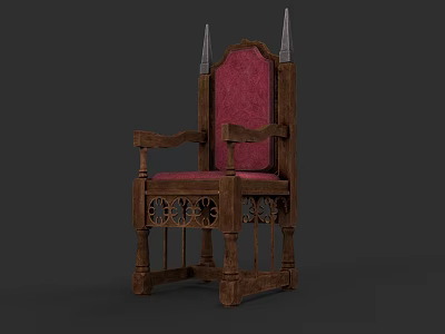 Wooden Armchair With Carved Patterns Red Upholstered Back And Spiked Top Finials 3d model