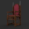 Wooden Armchair With Carved Patterns Red Upholstered Back And Spiked Top Finials