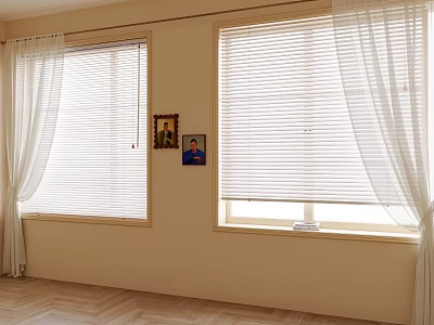 White Curtains with Window Blinds Small Paintings and Wooden Floor on Beige Walls 3d model