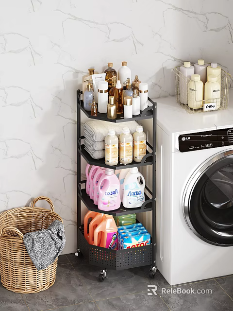 Rotating Laundry Supplies Storage Rack With Detergent Bottles Cleaning Products And Towels Near Washing Machine 3d model 