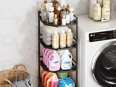 Rotating Laundry Supplies Storage Rack With Detergent Bottles Cleaning Products And Towels Near Washing Machine 3d model
