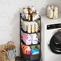 Rotating Laundry Supplies Storage Rack With Detergent Bottles Cleaning Products And Towels Near Washing Machine