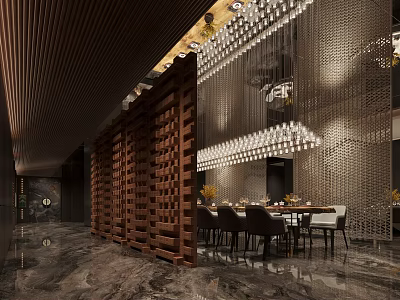 Luxurious Modern Restaurant Interior With Wooden Lattice Partition Metallic Screen And Chandelier 3d model