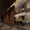 Luxurious Modern Restaurant Interior With Wooden Lattice Partition Metallic Screen And Chandelier