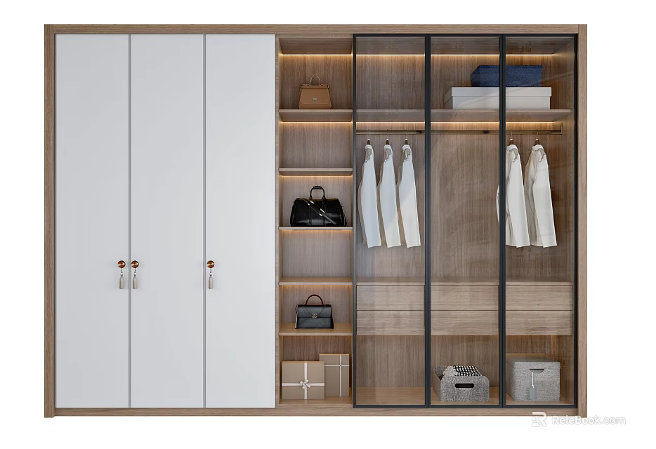 Modern Wardrobe Design With White And Glass Doors Hanging Clothes Storage Shelves And Bags 3d model 