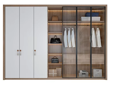 Modern Wardrobe Design With White And Glass Doors Hanging Clothes Storage Shelves And Bags 3d model