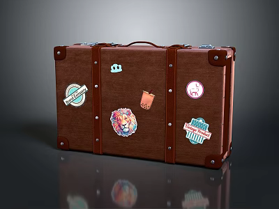 Vintage Brown Leather Suitcase With Colorful Travel Stickers And Metal Hardware 3d model