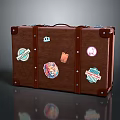 Vintage Brown Leather Suitcase With Colorful Travel Stickers And Metal Hardware