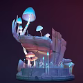 Detailed Cartoon Scene With Glowing Mushrooms Rock Platform And Colorful Fantasy Elements