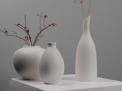 White Ceramic Vases With Slender Branches And Small Flowers On White Platform 3d model