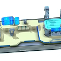 Cartoon Scene 3D Model Featuring Futuristic Tech Facility with Control Console and Blue Screens 3d model