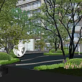 Residential Landscape Design With Lush Trees Water Feature Modern Building And Sculpture