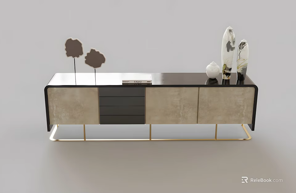 Modern TV Stand With Gold Metal Frame Black Top And Beige Cabinets Decorative Sculptures 3d model 