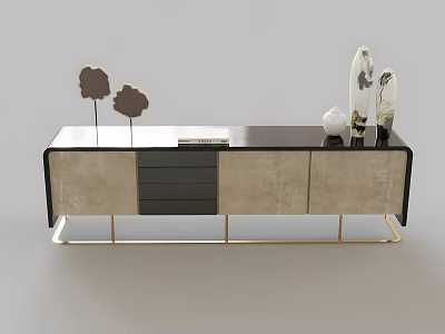 Modern TV Stand With Gold Metal Frame Black Top And Beige Cabinets Decorative Sculptures 3d model