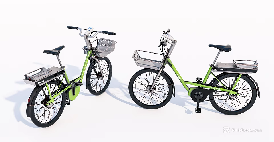Pair of Green Modern Bicycles With Front Baskets And Black Seats 3d model 