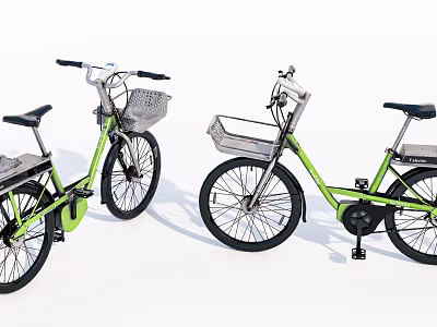 Pair of Green Modern Bicycles With Front Baskets And Black Seats 3d model