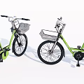 Pair of Green Modern Bicycles With Front Baskets And Black Seats