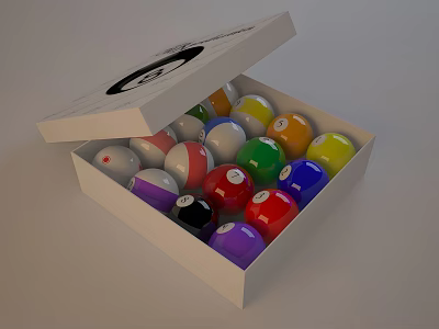 Open White Box With Colorful Numbered Billiard Balls For Daily Living Supplies 3d model