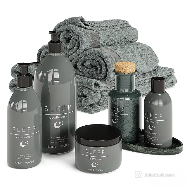Sleep Themed Bath Essentials With Grey Bottles Rolled Towels And Jars On Tray 3d model 