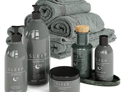 Sleep Themed Bath Essentials With Grey Bottles Rolled Towels And Jars On Tray 3d model