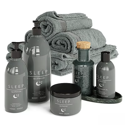 Sleep Themed Bath Essentials With Grey Bottles Rolled Towels And Jars On Tray 3d model