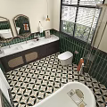 Stylish Bathroom Interior With Green Tiles Geometric Floor Pattern Bathtub Toilet And Double Sinks