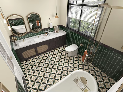 Stylish Bathroom Interior With Green Tiles Geometric Floor Pattern Bathtub Toilet And Double Sinks 3d model