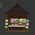 Lego Style Miniature Pavilion Scene With Brown Roof Yellow Lanterns Figures And Bar Counter