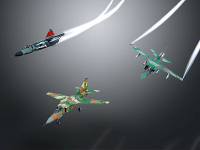 Three Colorful Fighter Jets Flying in the Sky Leaving White Trails Behind 3d model