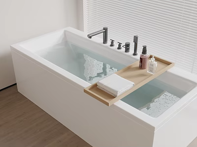 Modern White Bathtub With Wooden Tray Towels Bath Products And Chrome Faucet Handles 3d model