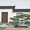 Chinese Style Courtyard Garden With Black Tiled Roof Wooden Door Lattice Window And Pine Tree