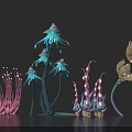 Mystical Bioluminescent Fantasy Plants Featuring Blue Pink Gold Tentacle And Mushroom Shapes