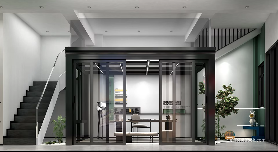 Modern Interior Space With Glass Doors Staircase Workspace And Decorative Plants 3d model 