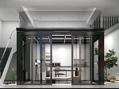 Modern Interior Space With Glass Doors Staircase Workspace And Decorative Plants 3d model