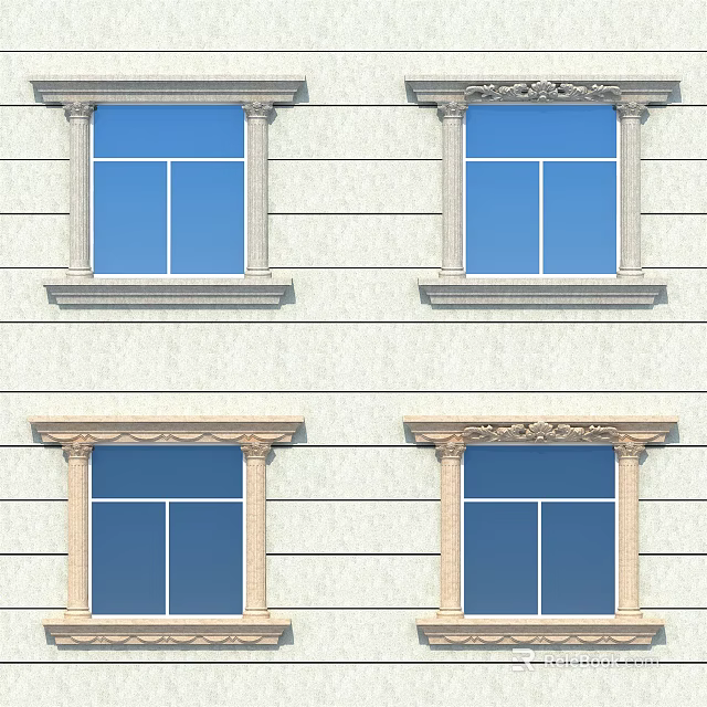 Casement Windows On Building Exterior With Ornate Pillars Decorative Moldings And Blue Glass 3d model 