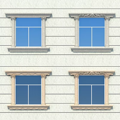 Casement Windows On Building Exterior With Ornate Pillars Decorative Moldings And Blue Glass 3d model