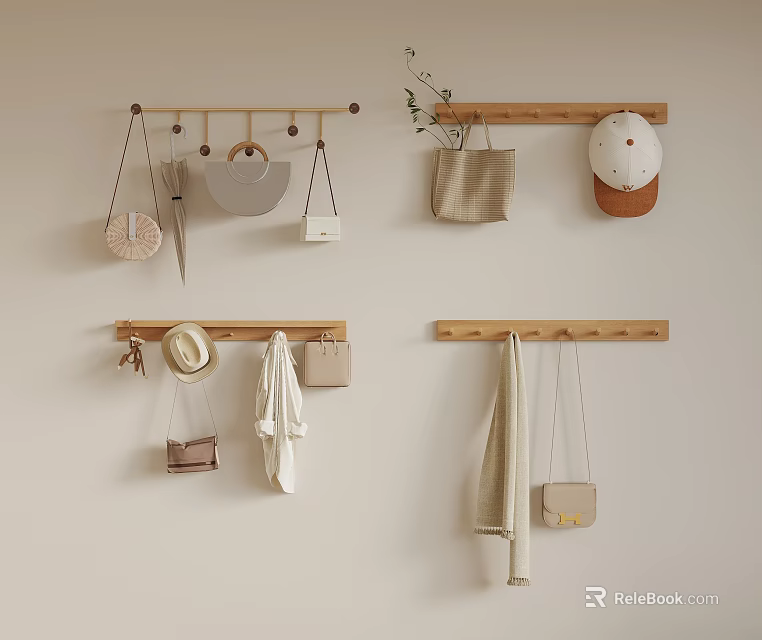 Wall Mounted Wooden Hangers for Organizing Hats Bags Coats and Scarves in Home 3d model 