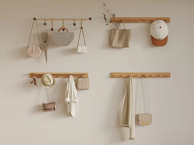 Wall Mounted Wooden Hangers for Organizing Hats Bags Coats and Scarves in Home 3d model