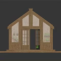 Wooden House Model With Glass Windows Sloped Roof And Visible Interior On Wooden Base