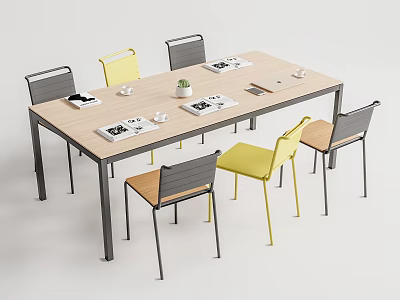 Modern Conference Table With Notebooks Cups And Small Potted Plant And Grey Yellow Brown Chairs 3d model