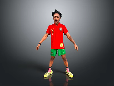 Man wearing red number 7 jersey green shorts yellow socks shoes against gray background 3d model