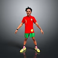 Man wearing red number 7 jersey green shorts yellow socks shoes against gray background