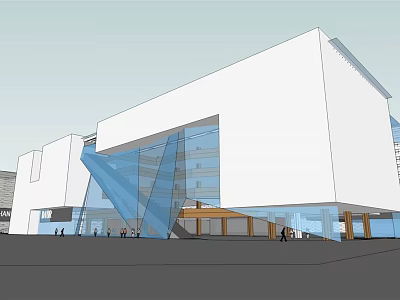 Modern Commercial Complex Featuring Glass Curtain Walls White Exterior And Open Entrance Area 3d model