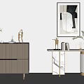 Modern Elegant Console Table With Marble Top Gold Legs Sculptures Vases Books And Abstract Painting