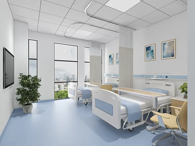 Modern Hospital Room Interior With Two Beds Windows City View TV And Plants 3d model