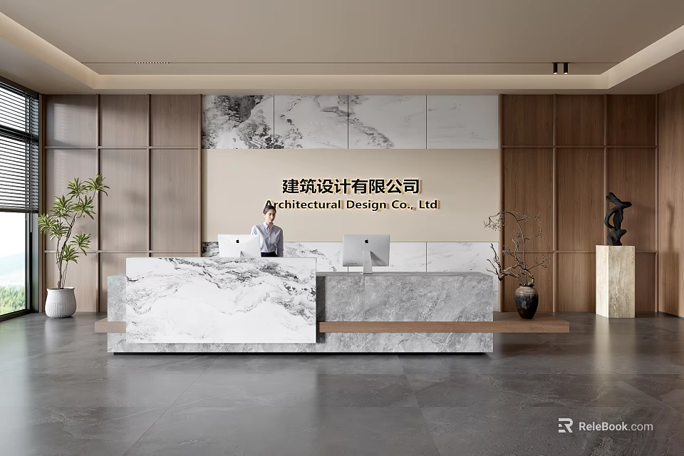 Modern Architectural Design Company Reception Desk With Marble Counter Wooden Decor And Green Plants 3d model 