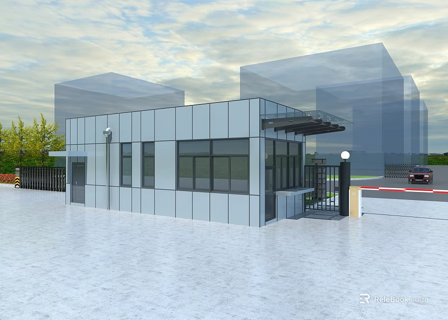 Modern Minimalist Guard House Featuring Glass Curtain Walls Metal Frame Green Trees And Parking Lot 3d model 
