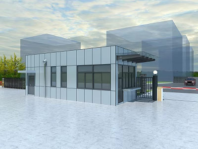Modern Minimalist Guard House Featuring Glass Curtain Walls Metal Frame Green Trees And Parking Lot 3d model